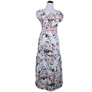 Kindred Anthropologie Floral Smocked Maxi Dress White Orange Boho Tiered Large
